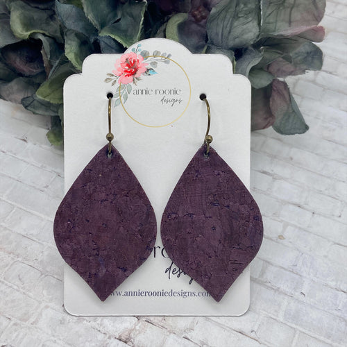 Large Pointed Teardrops in Plum Cork leather