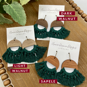 Forest Green Macrame + Wood earrings