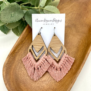 Blush Macrame + Wood Double diamond earrings