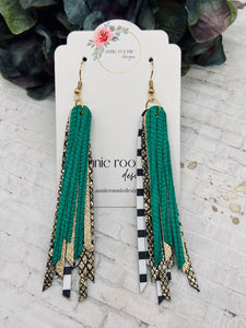 Skinny Fringed Earrings in Green, Metallic Taupe, Leopard, & Black & White Striped leathers