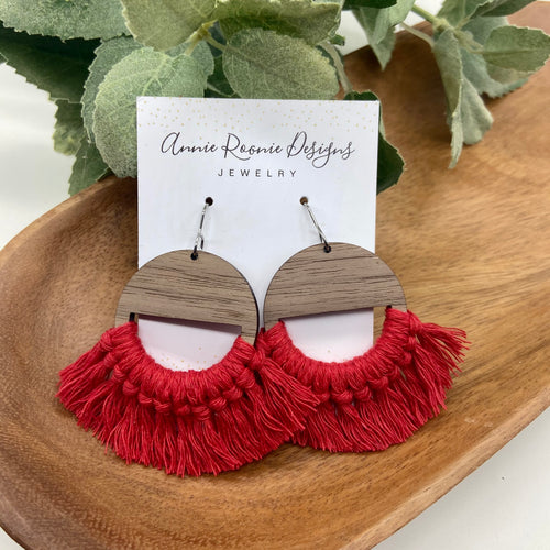 Red Macrame + Wood earrings