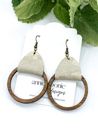 Cream Metallic Camo Suede & Walnut Wood hoop earrings