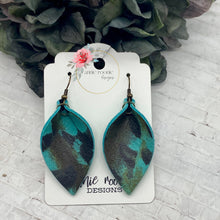 Load image into Gallery viewer, Turquoise Feather Print leather Pinched Petal earrings