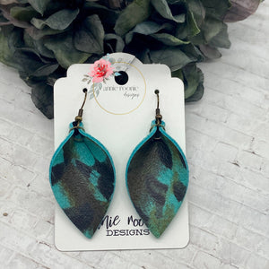 Turquoise Feather Print leather Pinched Petal earrings