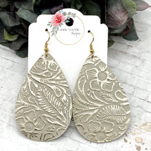 Load image into Gallery viewer, Platinum Gold Floral leather Teardrop earrings