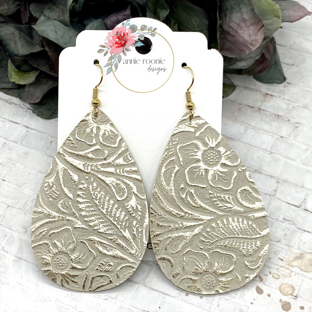 Platinum Gold Floral leather Teardrop earrings