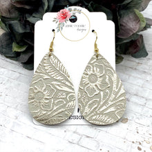 Load image into Gallery viewer, Platinum Gold Floral leather Teardrop earrings