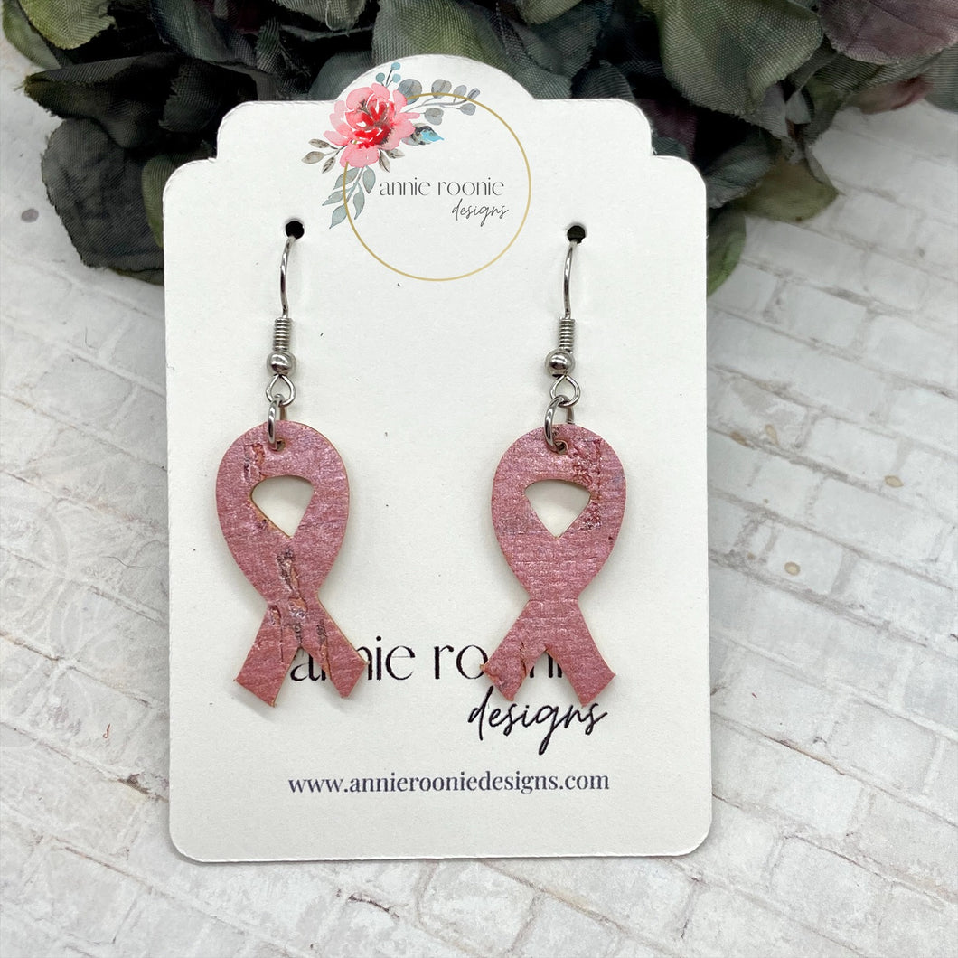 Pearl Pink Cork Leather Small Breast Cancer Awareness Earrings