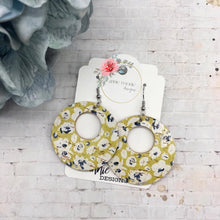 Load image into Gallery viewer, Blue Poppies on Yellow Cork Leather Circle cutout earrings