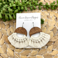 Load image into Gallery viewer, Natural Macrame + Wood Half Moon circle earrings