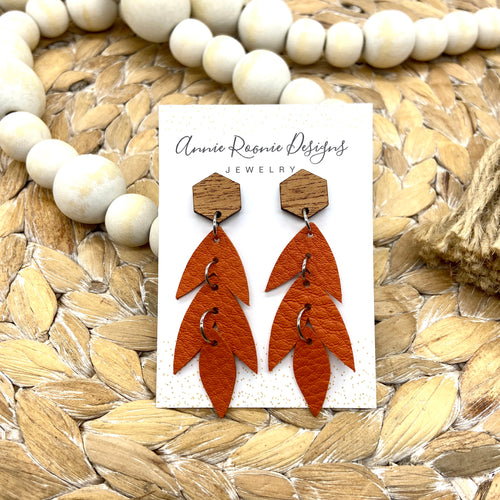 Falling Leaves Earrings in Orange Leather/Hexagon posts