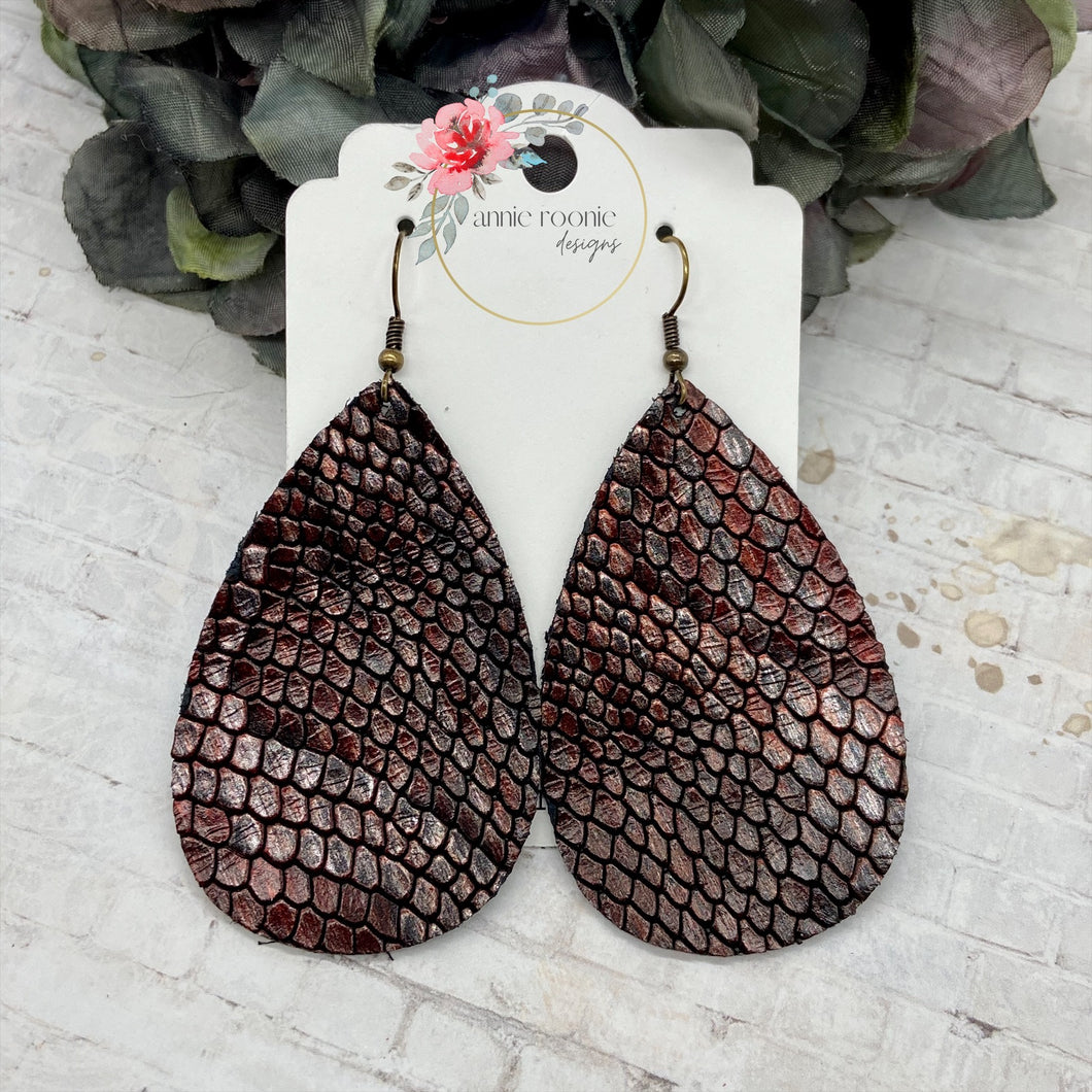 Burgundy Snakeskin Leather Teardrop earrings
