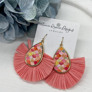 Peach Mosaic tile with raffia tassel earrings