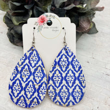 Load image into Gallery viewer, Blue &amp; White Tile Cork Leather Teardrop earrings