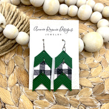 Load image into Gallery viewer, Green &amp; White/Black Buffalo Plaid leather Stacked Chevron earrings