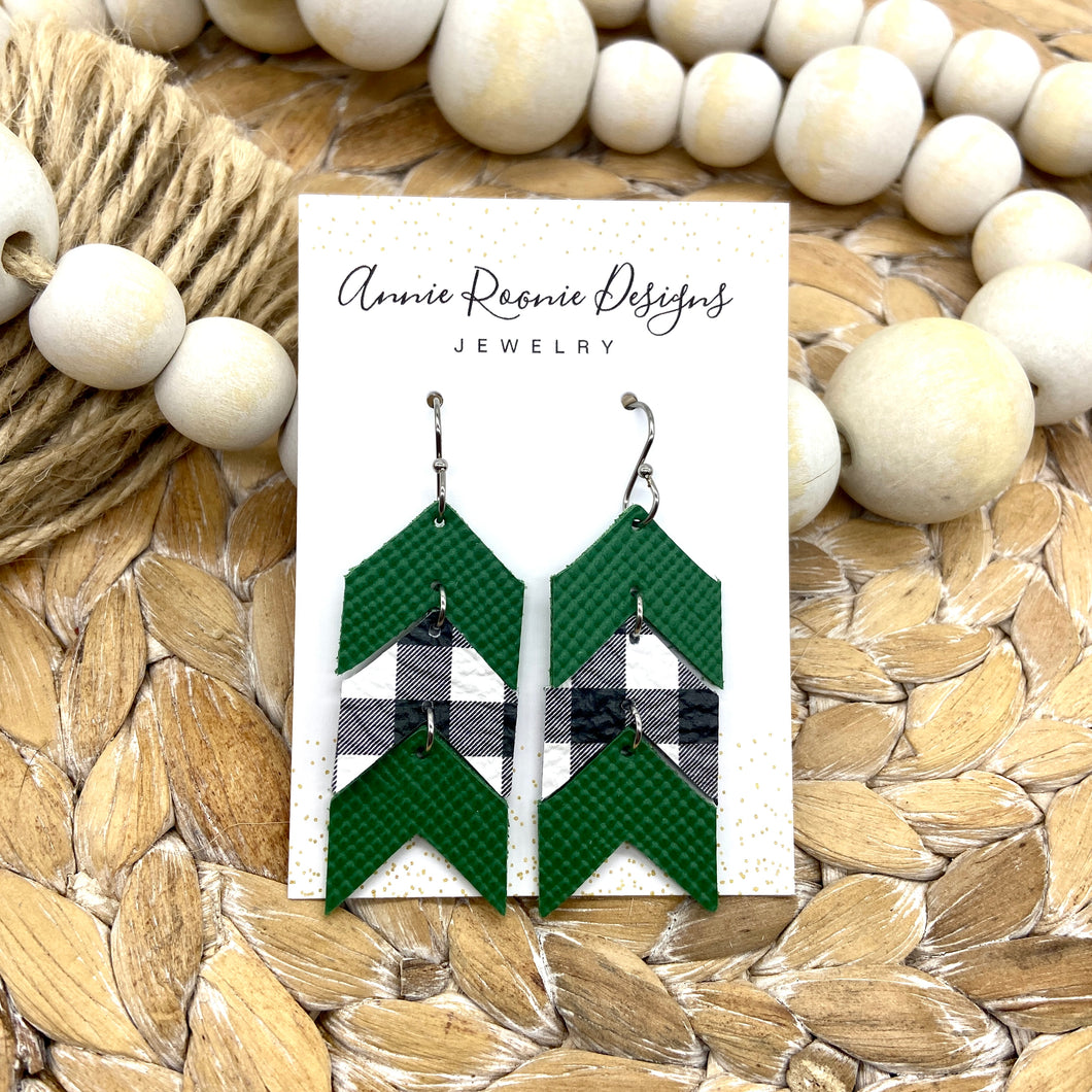 Green & White/Black Buffalo Plaid leather Stacked Chevron earrings