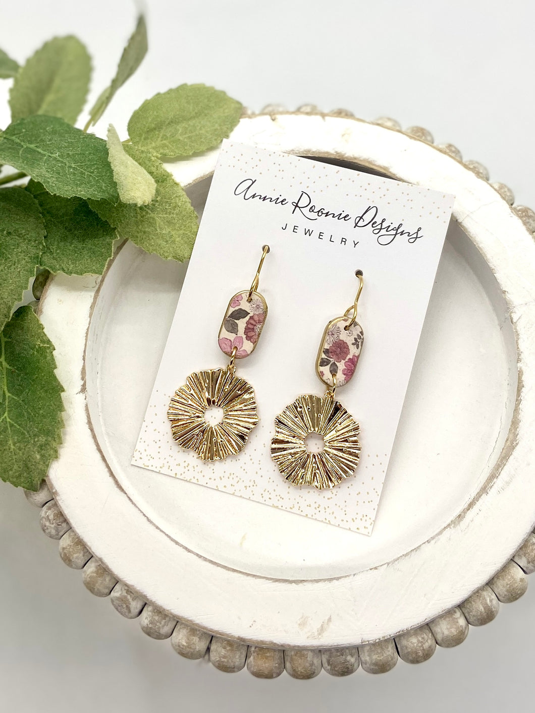 Pink Floral Clay Gold Sunburst earrings