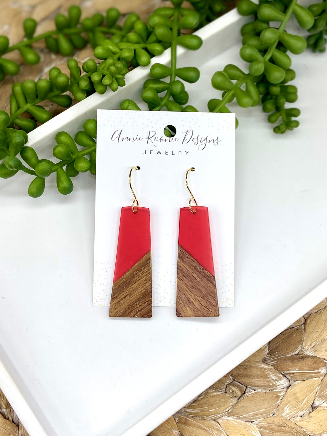 Red Acrylic & Wood Oblong earrings