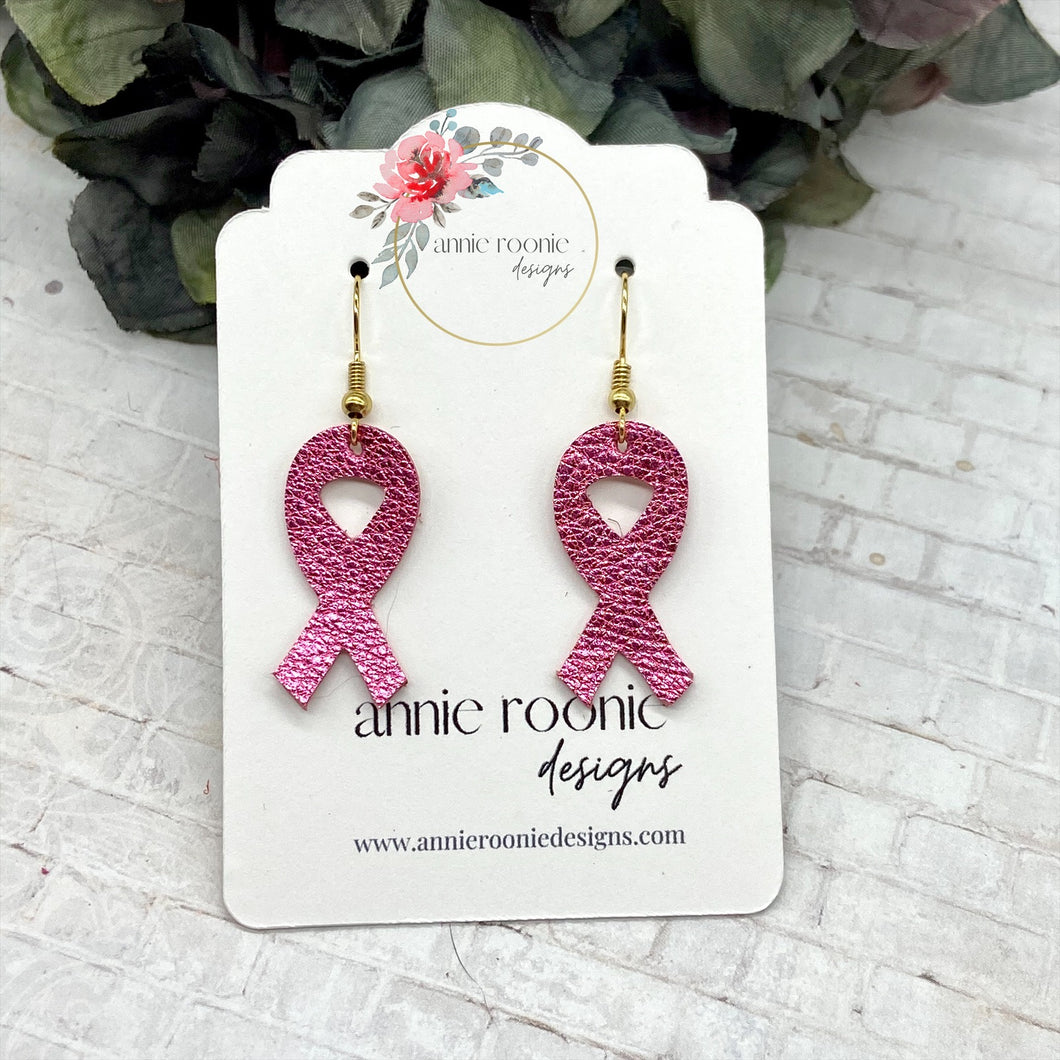 Pink Metallic Leather Small Breast Cancer Awareness Earrings
