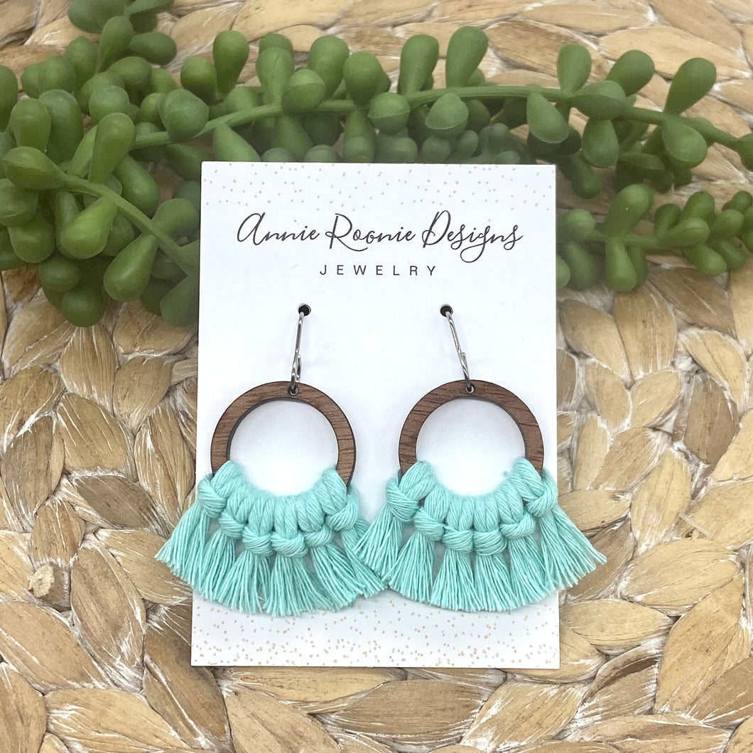 Mint Green Macrame + Wood Open Circle earrings