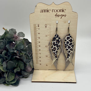 Triple Fringe Earrings in Leopard, Gold, and Taupe leathers