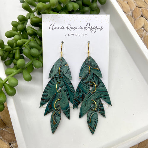 Falling Leaves Earrings in Green & Gold embossed Leather