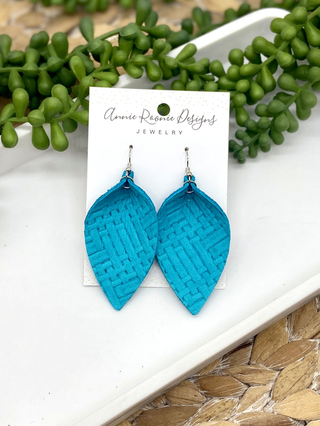Turquoise Crosshatch Leather Pinched Petal earrings