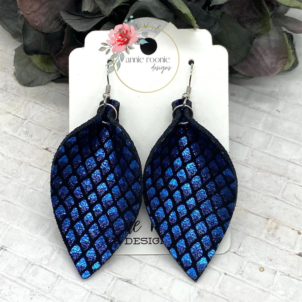 Blue Metallic Fish Scale leather Pinched Petal earrings