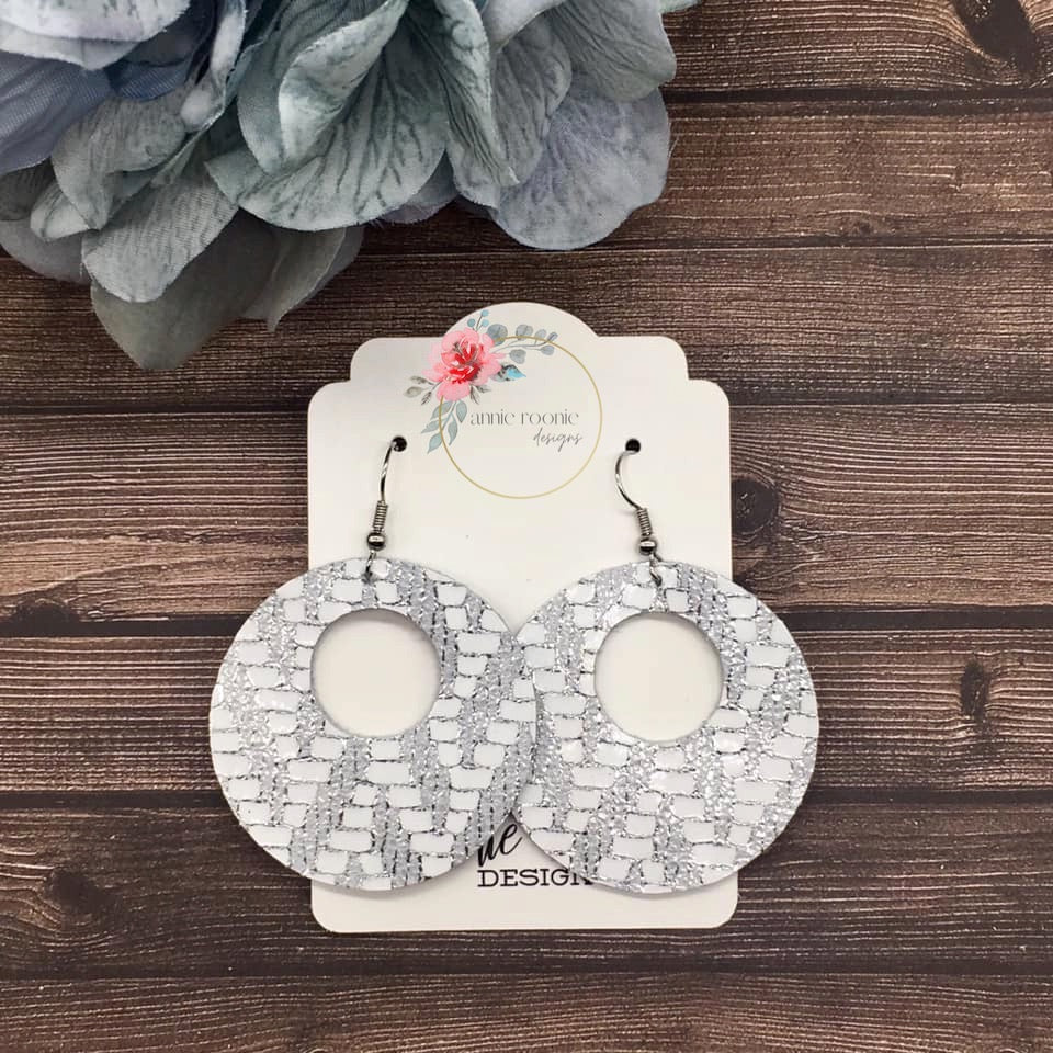 Silver Chevron Leather Large Circle cutout earrings