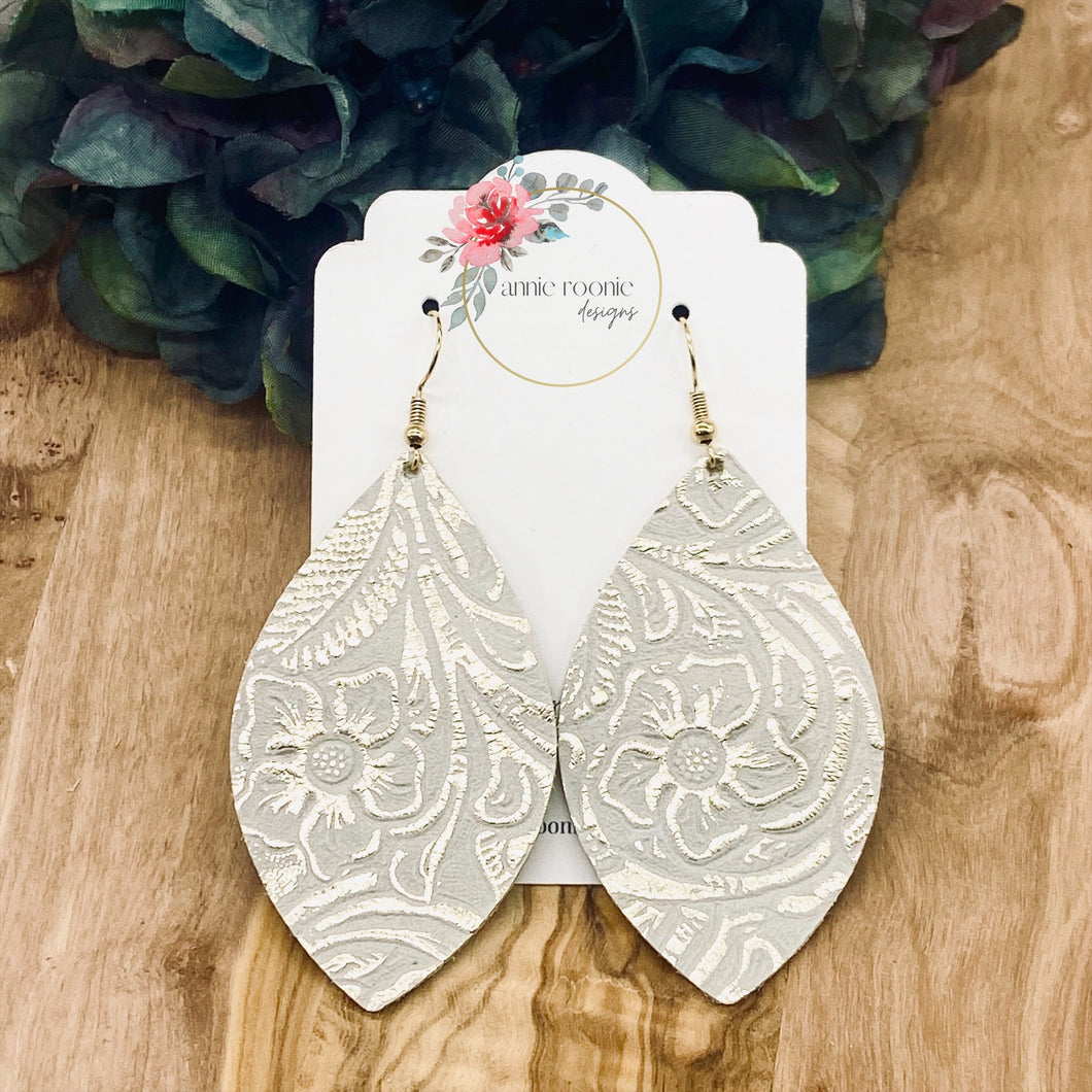 Platinum Gold Floral Embossed Leather Marquis earrings