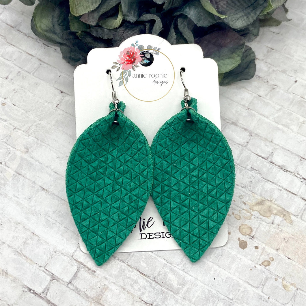 Green Tiny Triangles leather Pinched Petal earrings