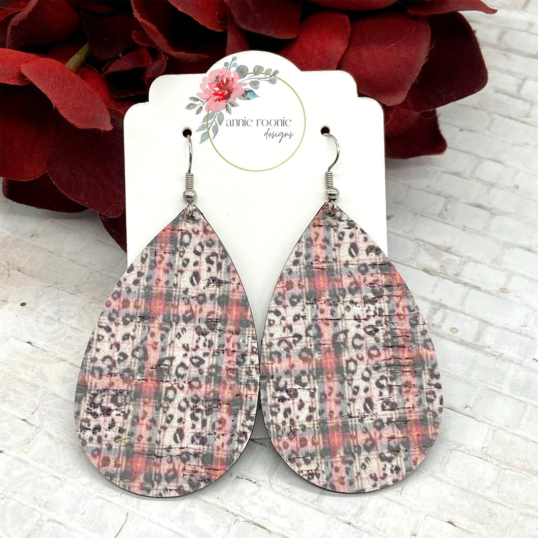 Red Plaid Leopard cork leather Teardrop earrings