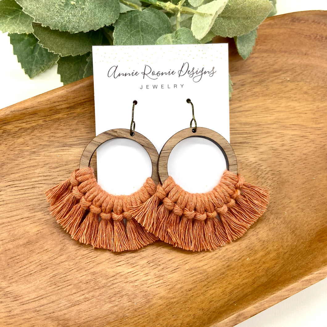 Peach Macrame + Wood earrings