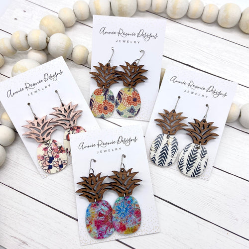 Pineapple Earrings - Wood & Leather
