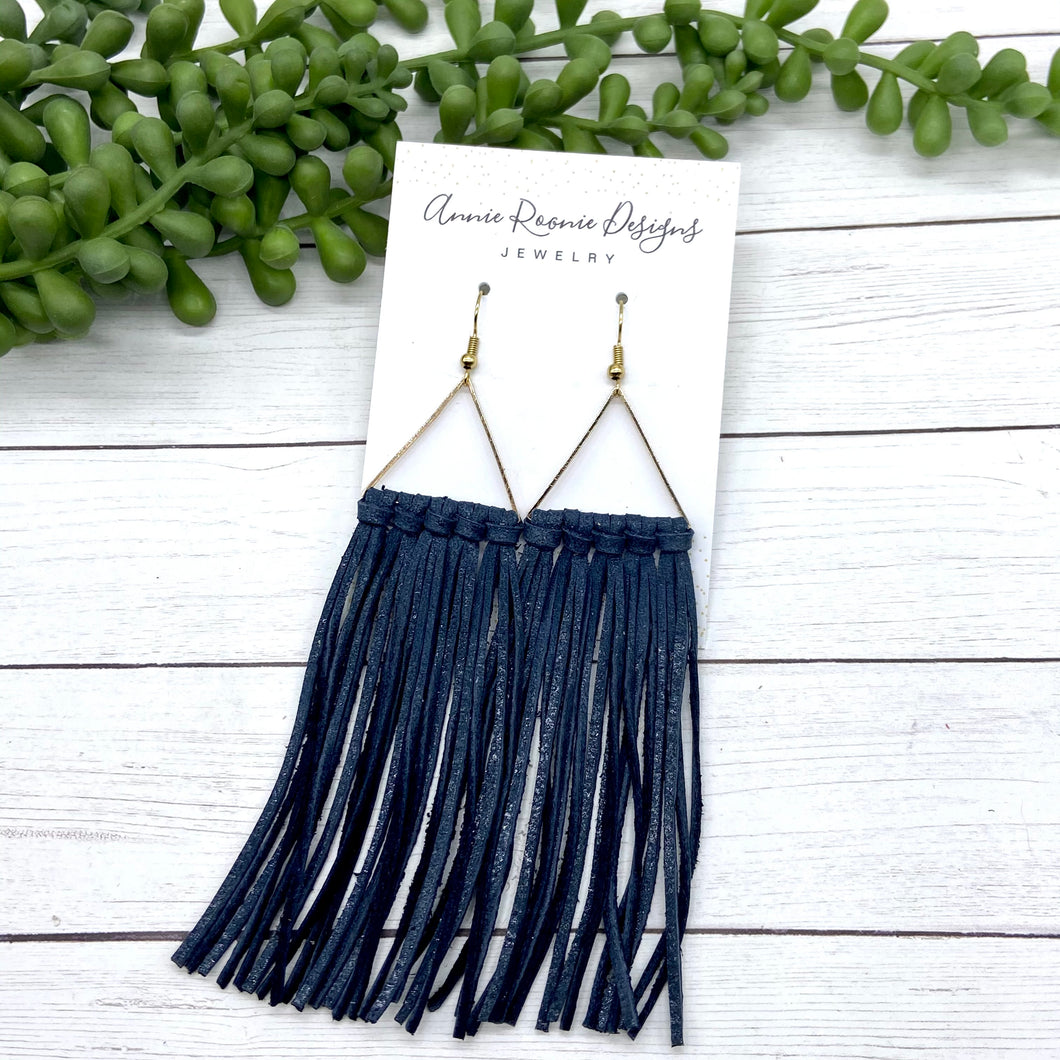 Navy Fringed leather Triangle earrings