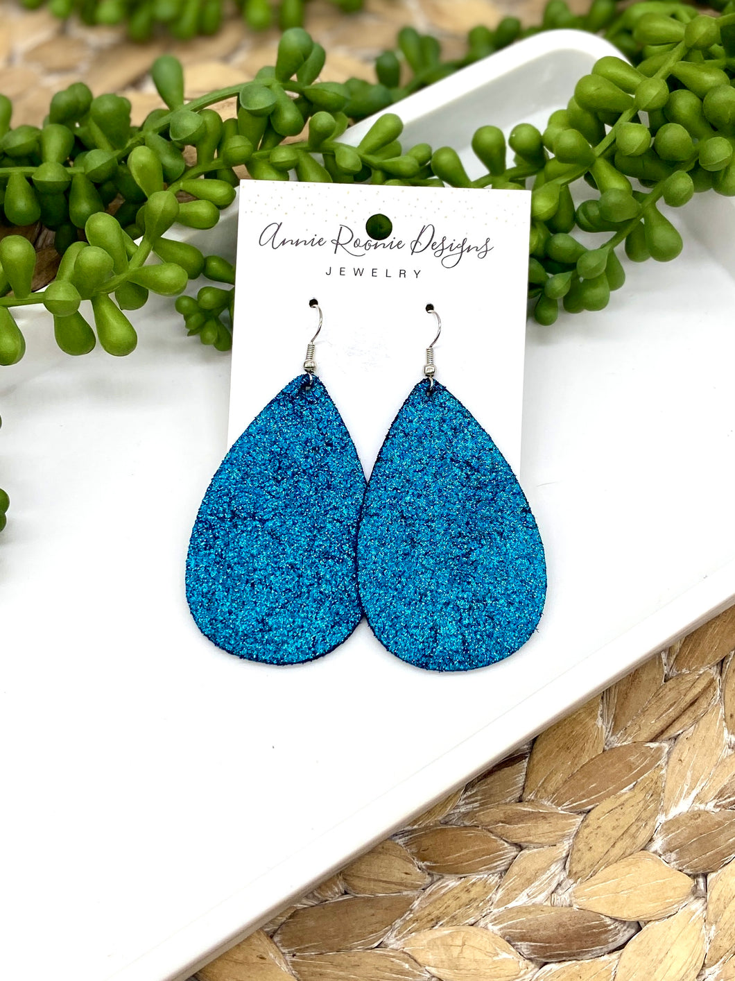 Teal Sparkle leather Teardrop earrings