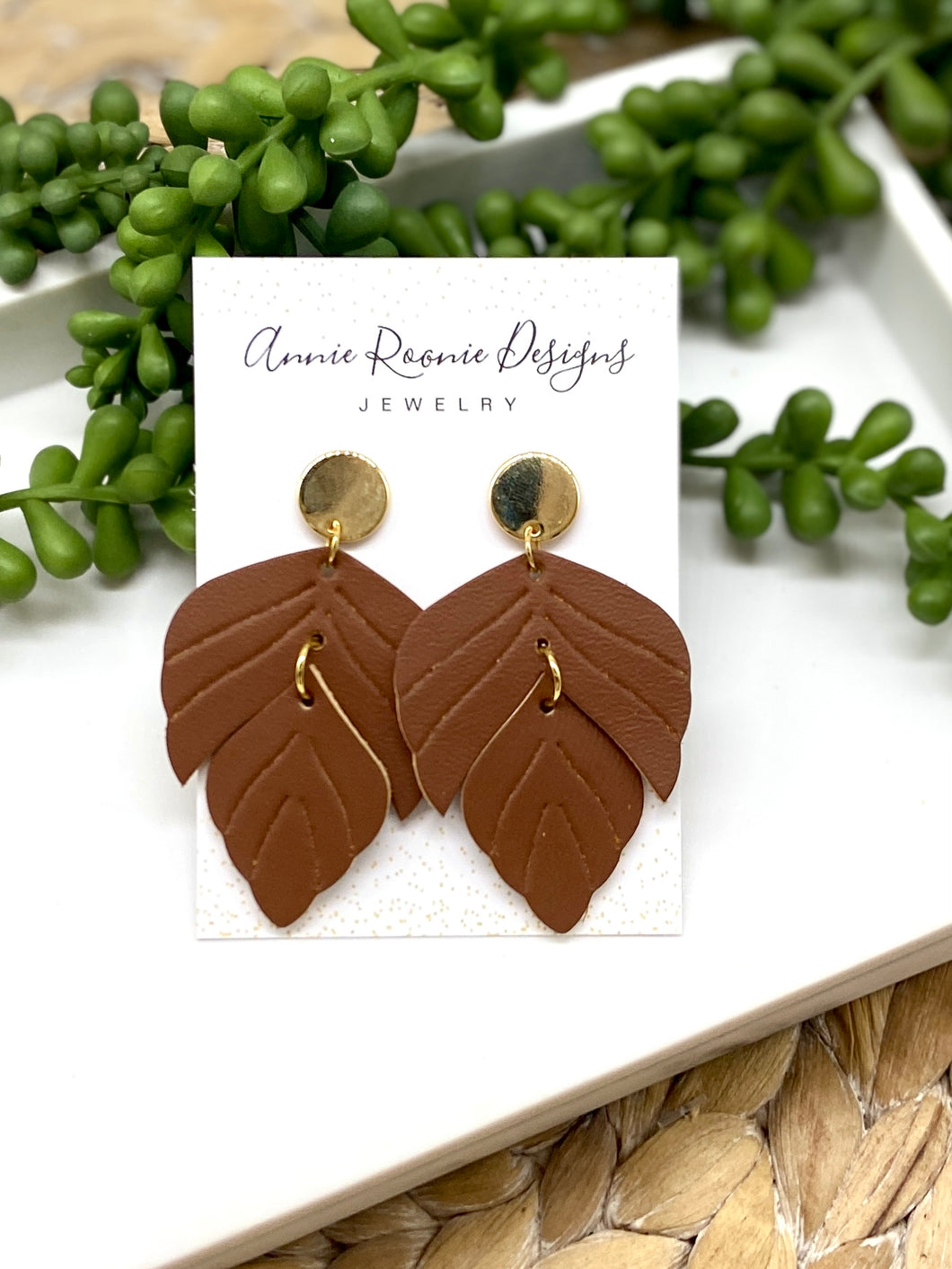 Brown Embossed Split leaf leather earrings