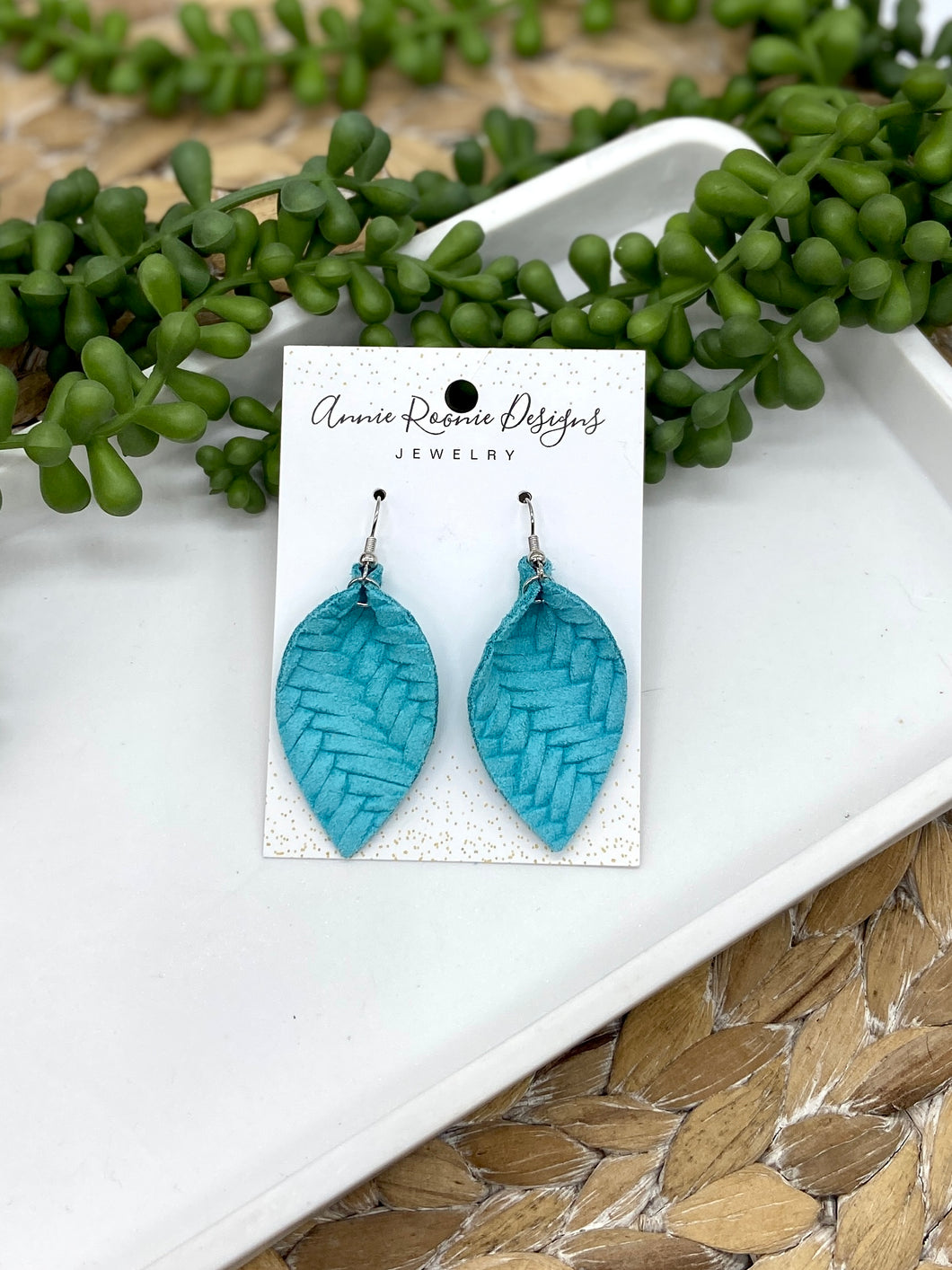 Turquoise Braided Leather Pinched Petal earrings