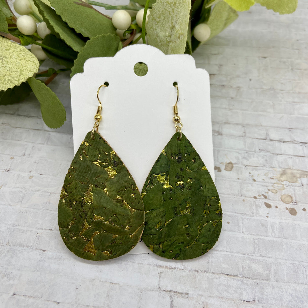 Green & Gold Cork leather Teardrop earrings