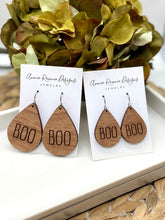 Load image into Gallery viewer, “BOO” engraved Wooden Teardrop earrings
