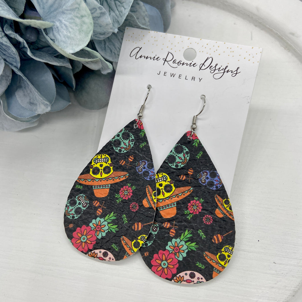 Sugar Skulls leather Teardrop earrings