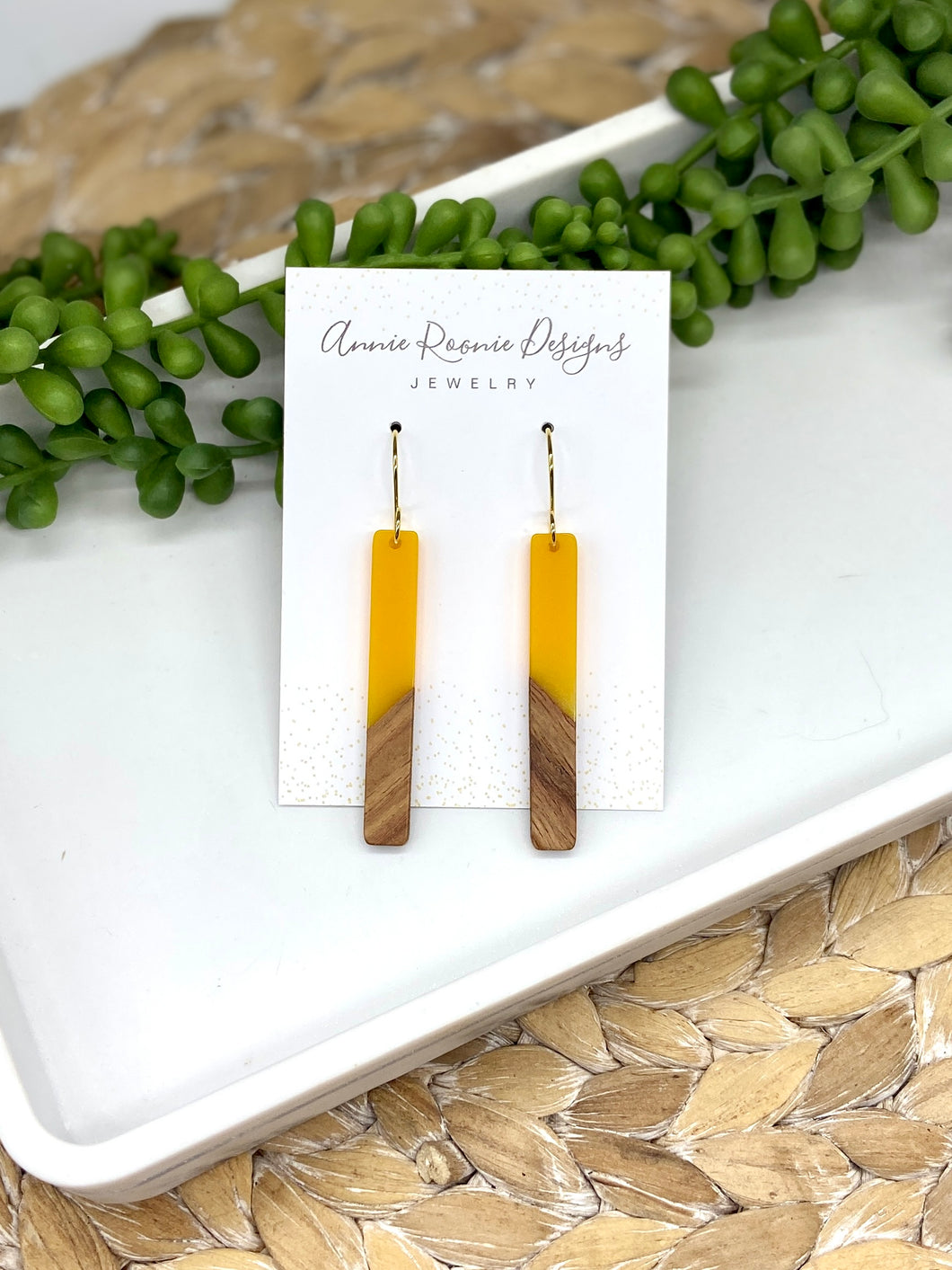 Yellow Acrylic & Wood Skinny Rectangle earrings