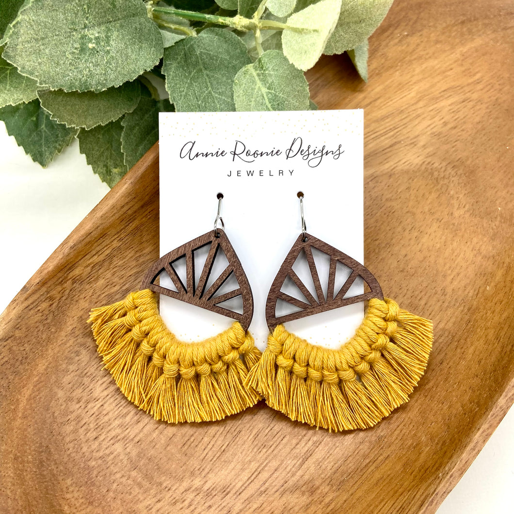 Mustard Yellow Macrame + Wood earrings