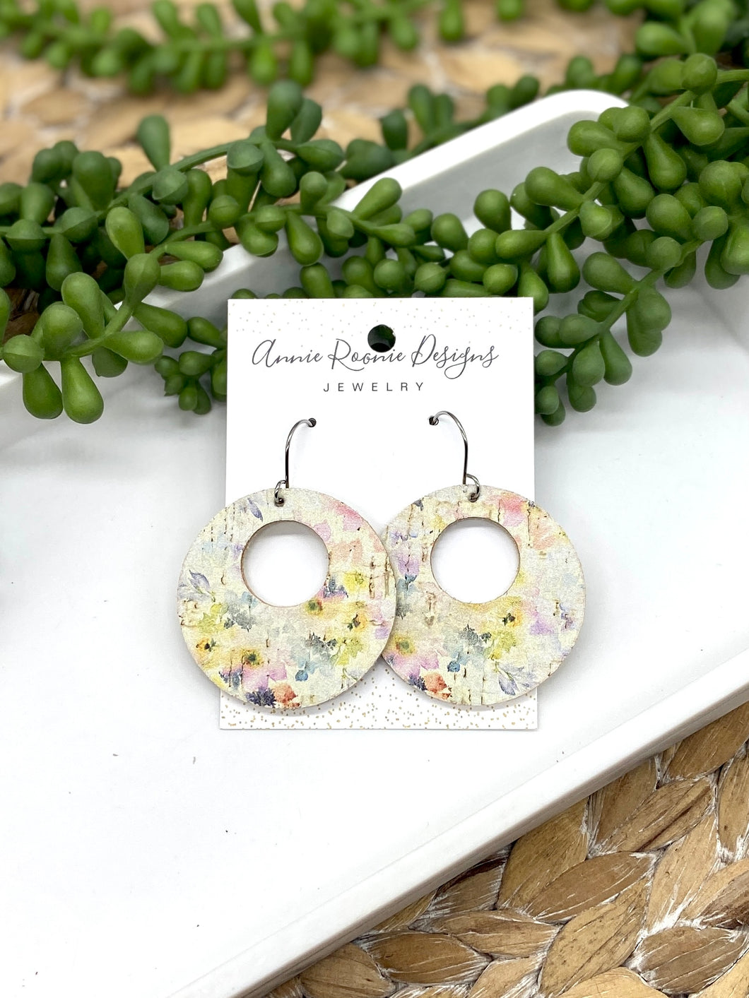 Watercolor Cork on leather Large Circle cutout earrings