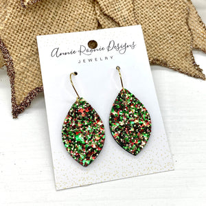Green Glitter Vegan leather Marquis earrings
