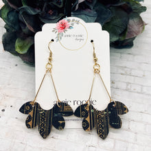 Load image into Gallery viewer, Black &amp; Gold Cork leather Floral Dangle Earrings