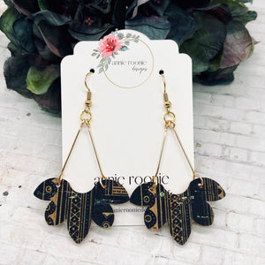 Black & Gold Cork leather Floral Dangle Earrings