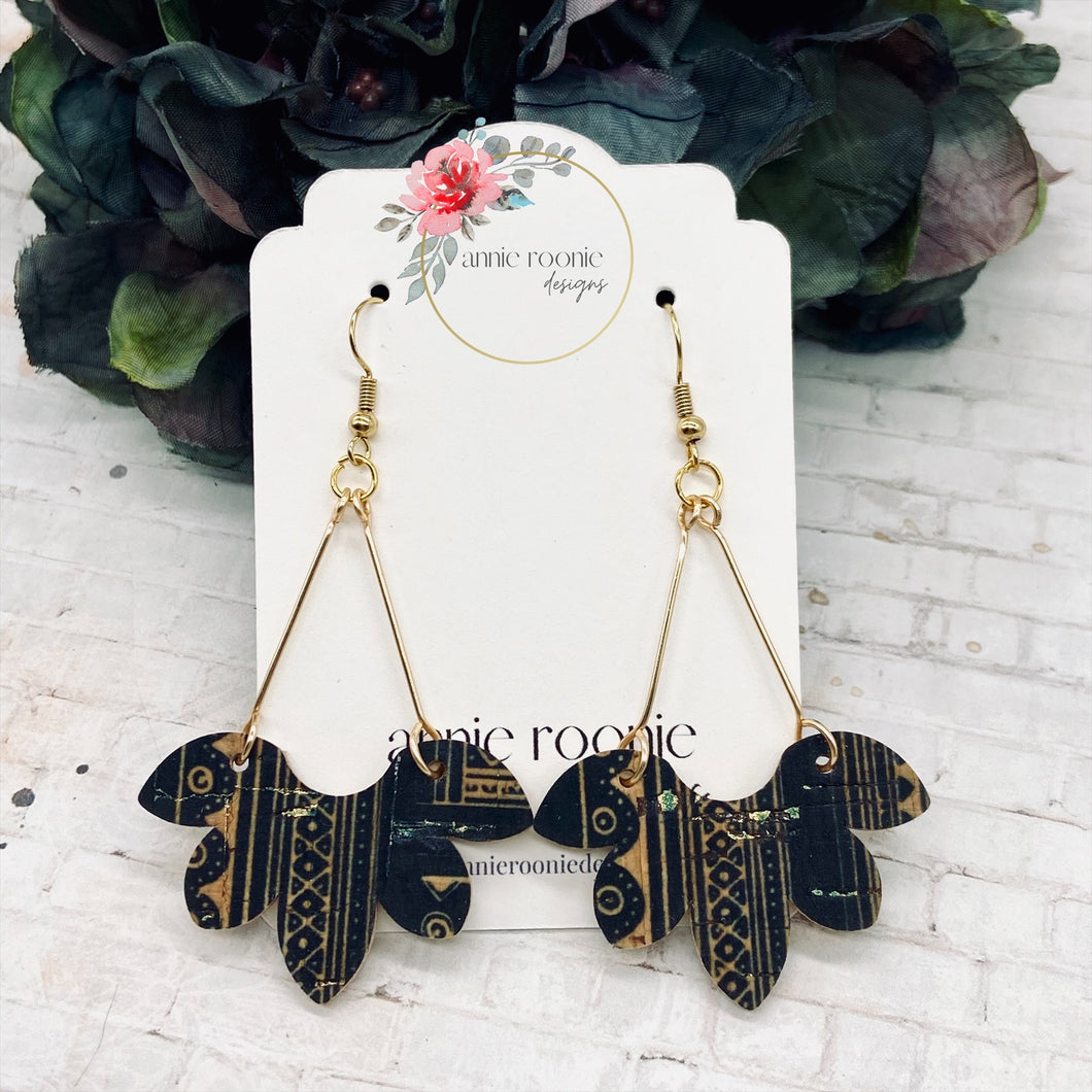 Black & Gold Cork leather Floral Dangle Earrings