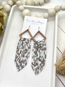 Woven Fringe Earrings in White Leopard print leather