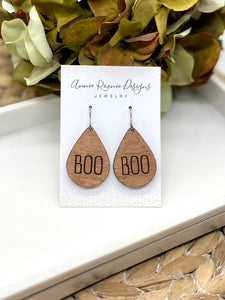 “BOO” engraved Wooden Teardrop earrings